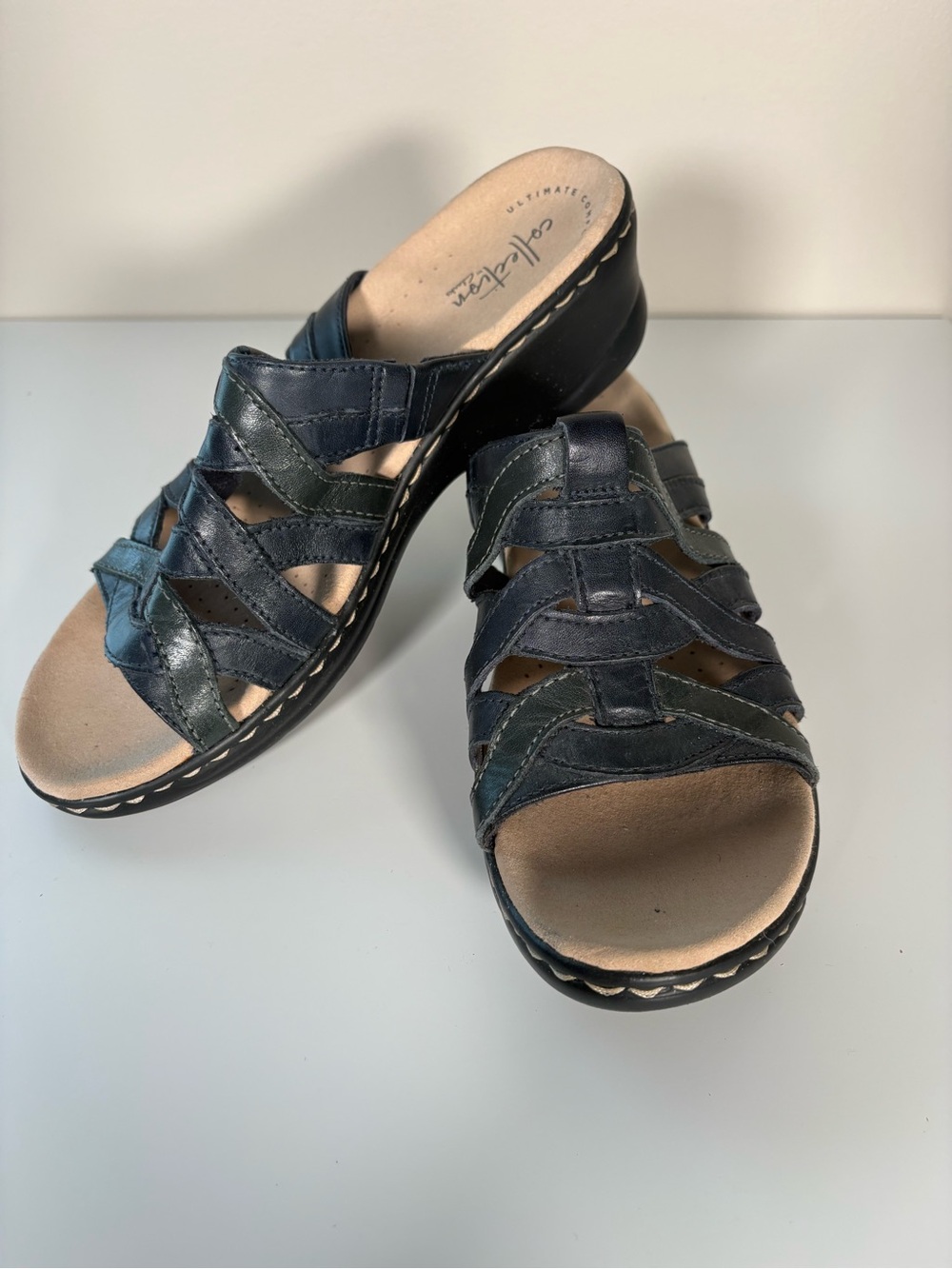 Clarks Dark Blue Leather Slide Wedge Sandals